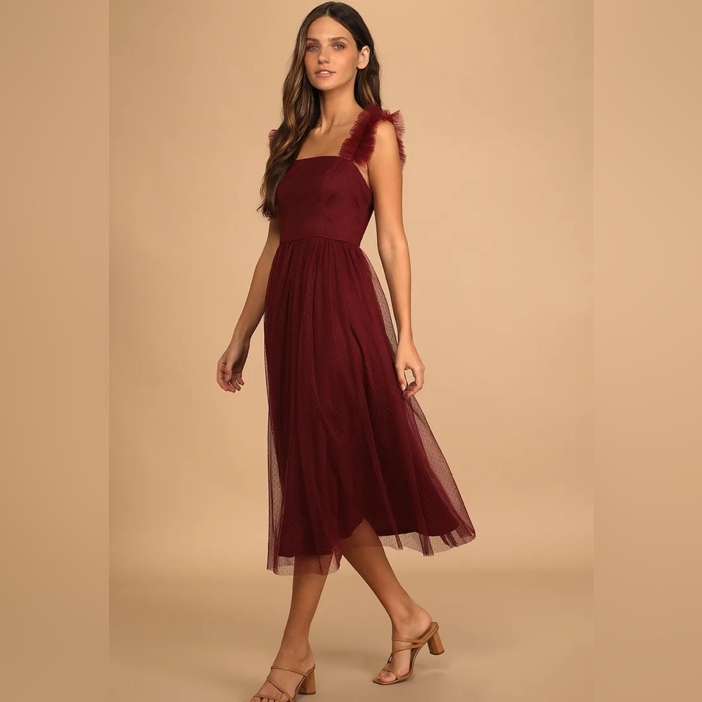 Lulus | Divine Invitation Burgundy Tulle Swiss Dot Ruffled Midi Dress